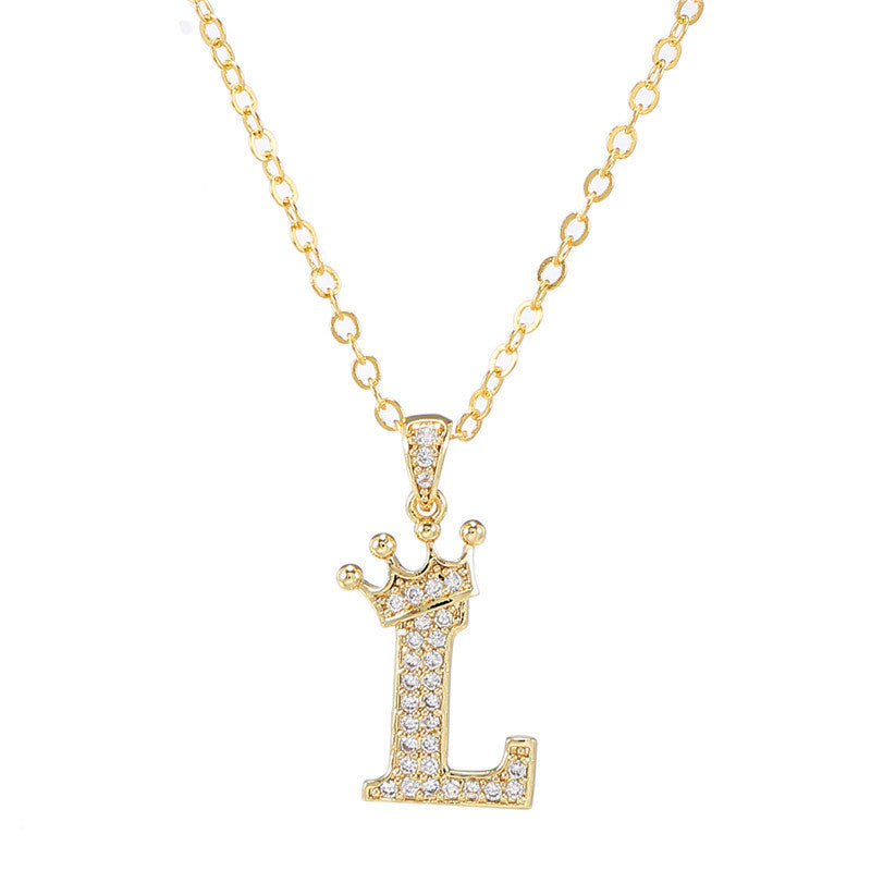 Minimalist Crown Letter Cubic Zirconia Micro-inlay Brass Necklace with Cable Chain