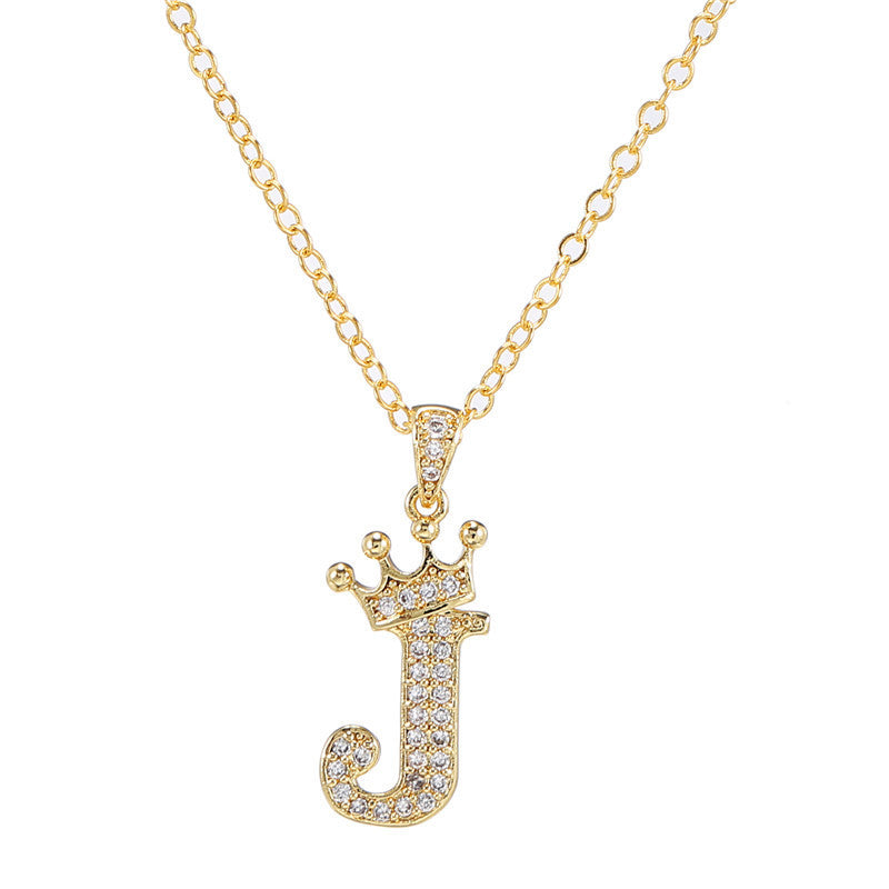 Minimalist Crown Letter Cubic Zirconia Micro-inlay Brass Necklace with Cable Chain