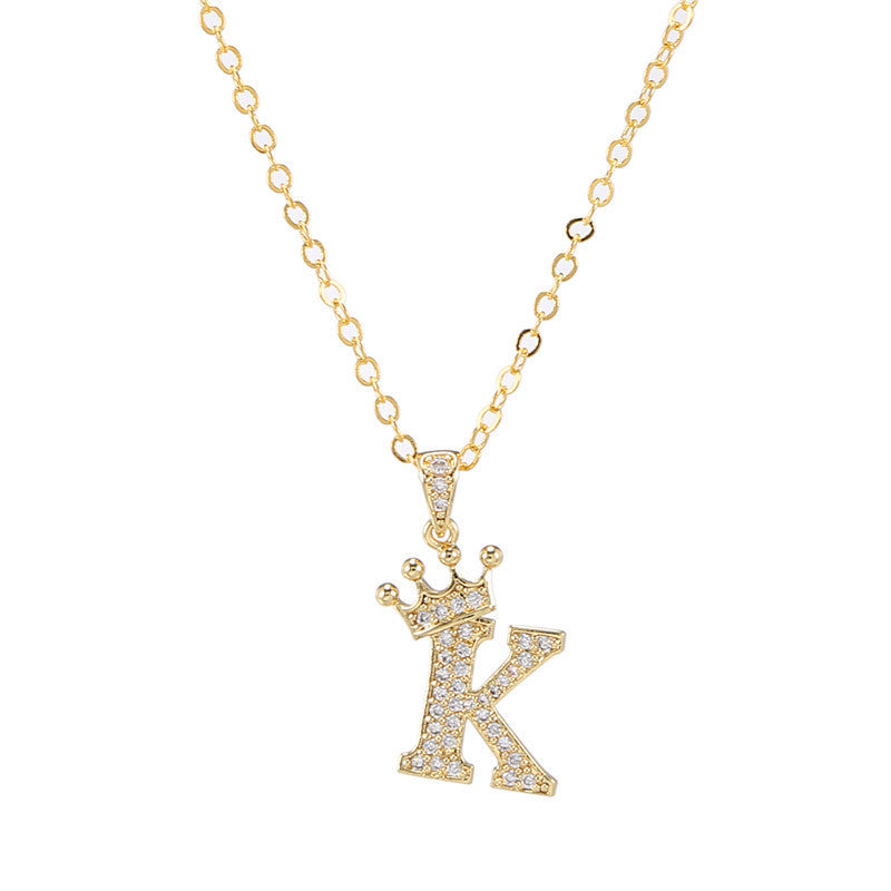 Minimalist Crown Letter Cubic Zirconia Micro-inlay Brass Necklace with Cable Chain