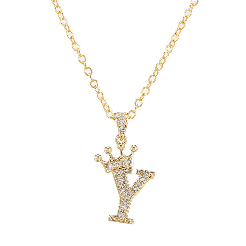 Minimalist Crown Letter Cubic Zirconia Micro-inlay Brass Necklace with Cable Chain