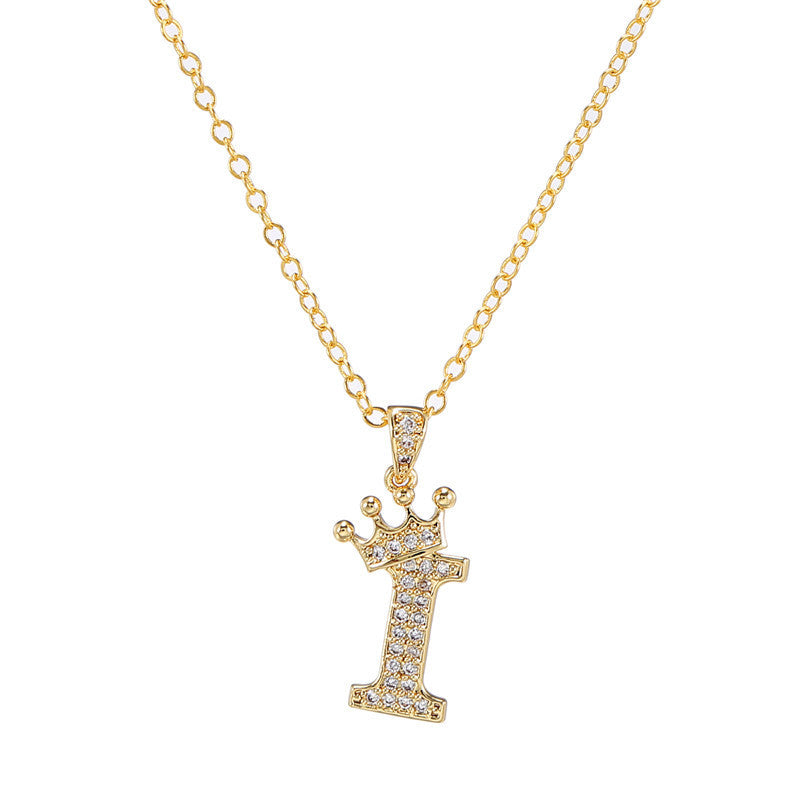 Minimalist Crown Letter Cubic Zirconia Micro-inlay Brass Necklace with Cable Chain