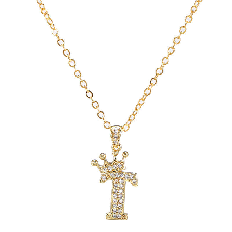 Minimalist Crown Letter Cubic Zirconia Micro-inlay Brass Necklace with Cable Chain
