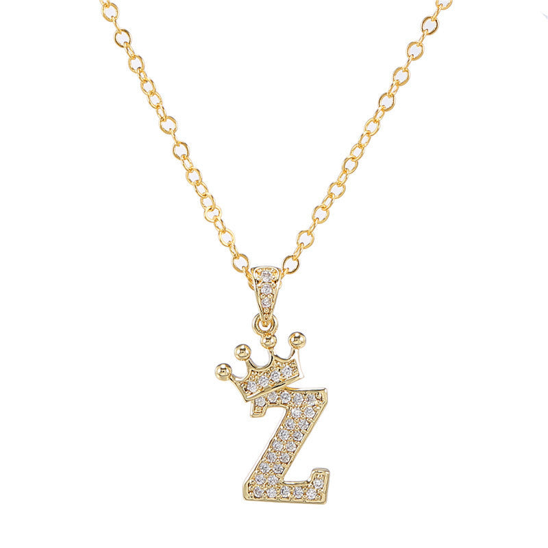 Minimalist Crown Letter Cubic Zirconia Micro-inlay Brass Necklace with Cable Chain
