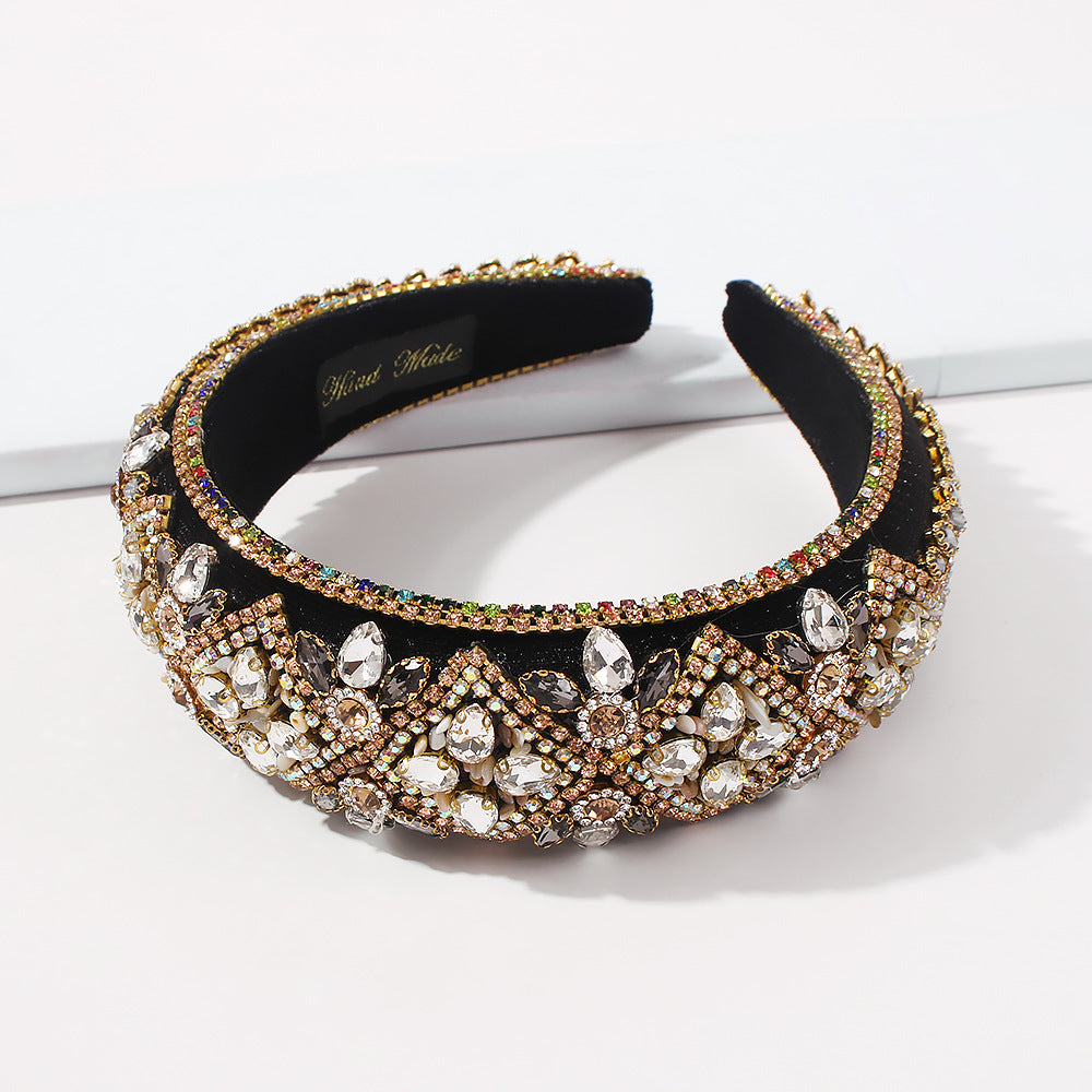 Geometric Style Thick Sponge Hair Hoop for Women - Handmade Alloy Hair Accessory with Rhinestones and Glass Beads, Fashion European Trendy Hair Clip for Party