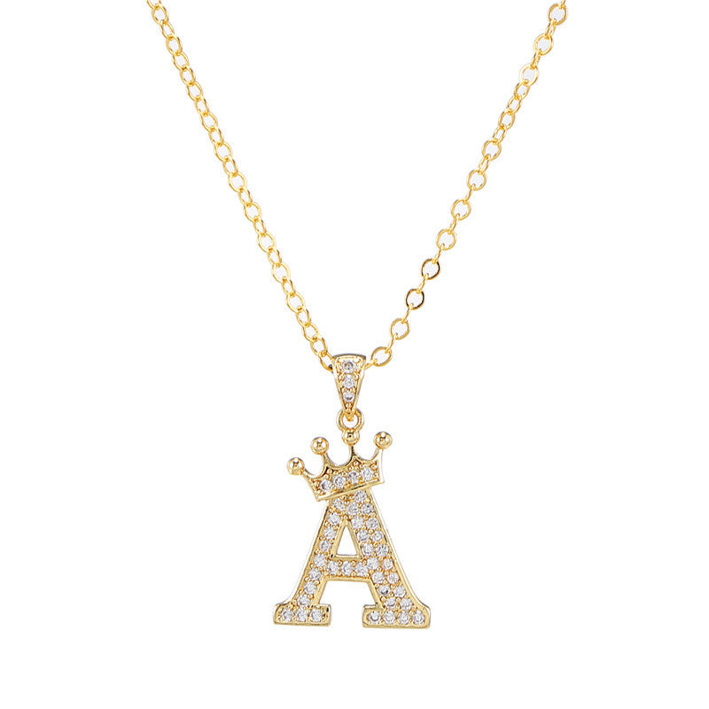 Minimalist Crown Letter Cubic Zirconia Micro-inlay Brass Necklace with Cable Chain