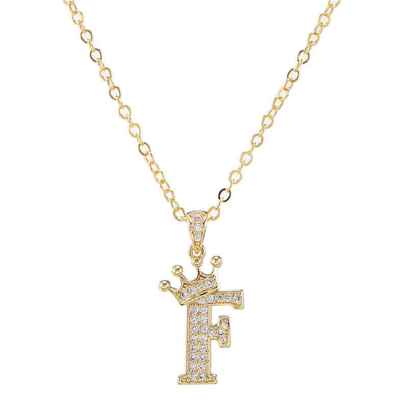 Minimalist Crown Letter Cubic Zirconia Micro-inlay Brass Necklace with Cable Chain