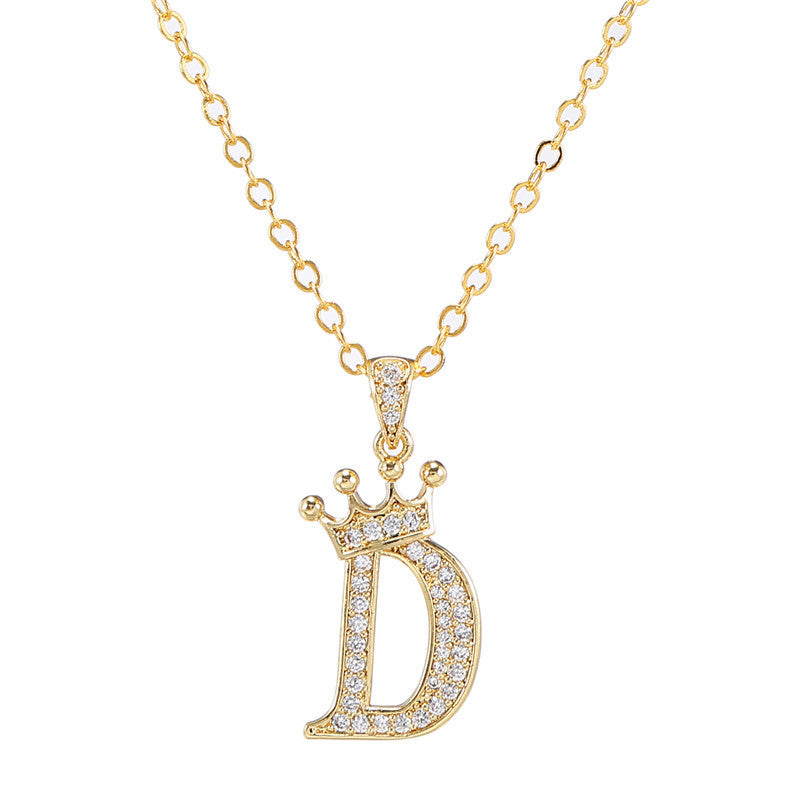 Minimalist Crown Letter Cubic Zirconia Micro-inlay Brass Necklace with Cable Chain
