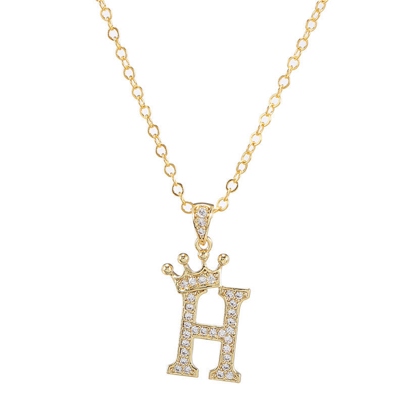 Minimalist Crown Letter Cubic Zirconia Micro-inlay Brass Necklace with Cable Chain