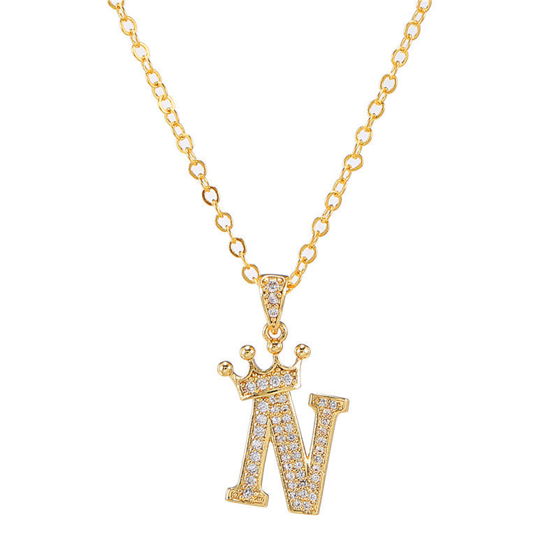 Minimalist Crown Letter Cubic Zirconia Micro-inlay Brass Necklace with Cable Chain