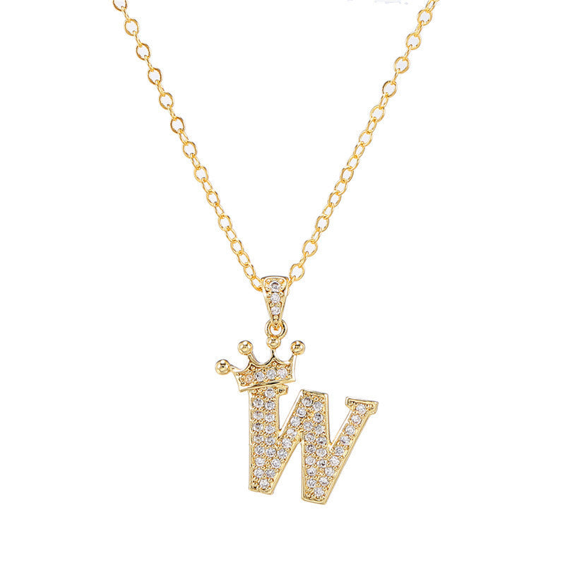 Minimalist Crown Letter Cubic Zirconia Micro-inlay Brass Necklace with Cable Chain