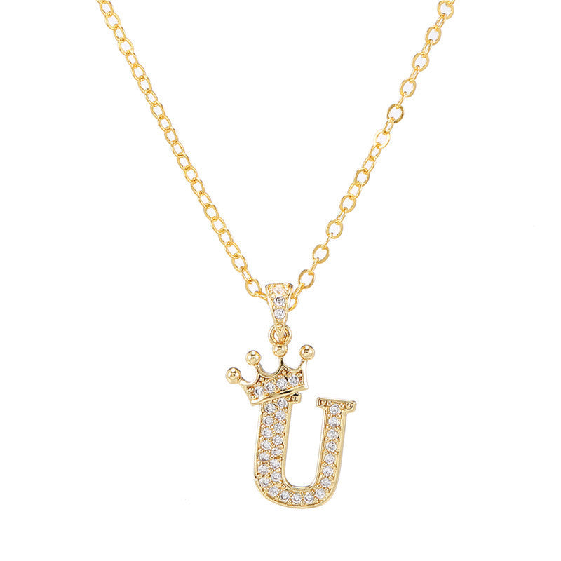 Minimalist Crown Letter Cubic Zirconia Micro-inlay Brass Necklace with Cable Chain