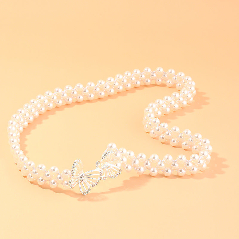 Sweet Casual Pearl Waist Chain for Women with Rhinestone Inlay and Elastic Metal Band