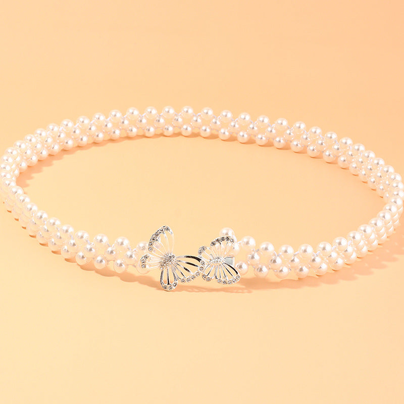 Sweet Casual Pearl Waist Chain for Women with Rhinestone Inlay and Elastic Metal Band