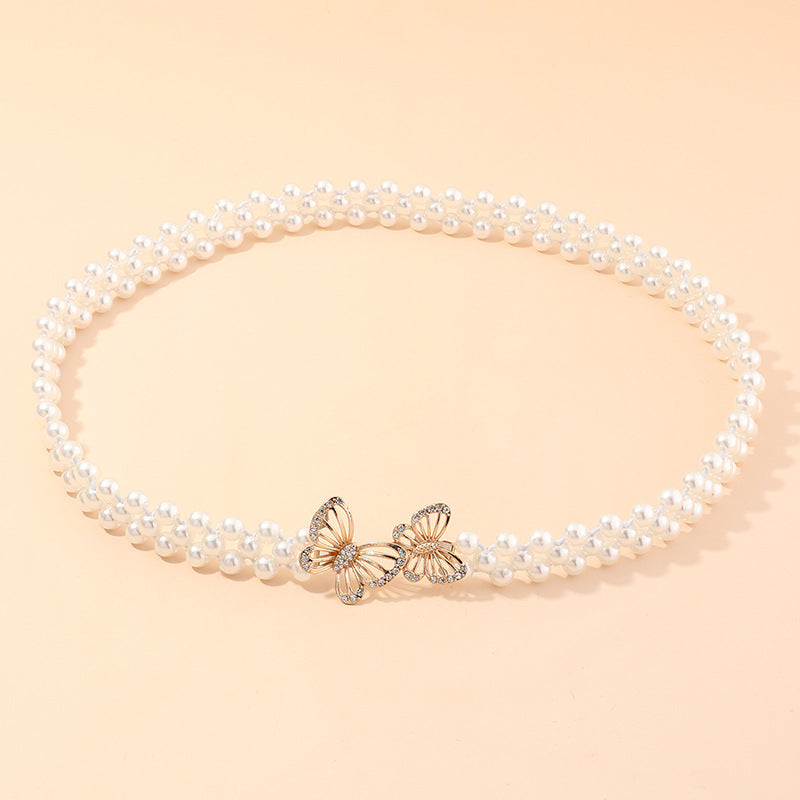 Sweet Casual Pearl Waist Chain for Women with Rhinestone Inlay and Elastic Metal Band