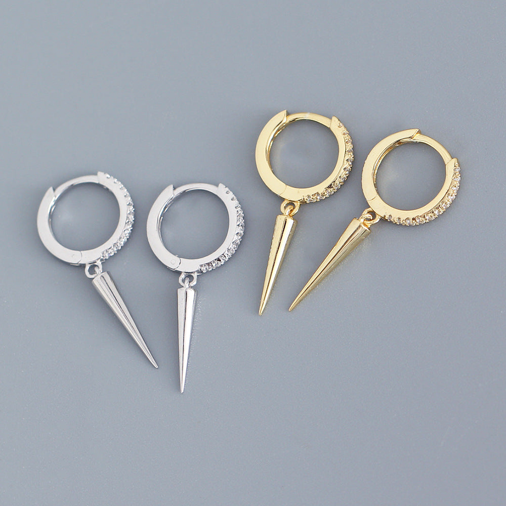 Sweet Cool Style S925 Sterling Silver Rhinestone Inlay Long Rivet Minimalist Hoop Earrings for Women