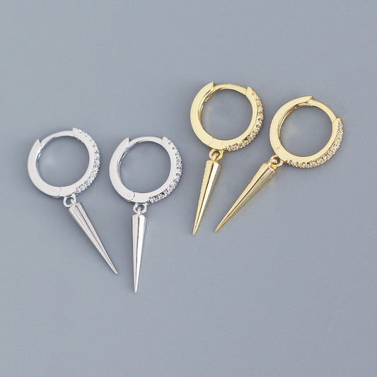 Orecchini a cerchio minimalisti lunghi con rivetti a pavé di strass in argento sterling S925, stile Sweet Cool, da donna
