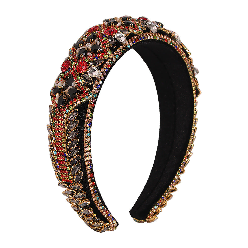 Geometric Style Thick Sponge Hair Hoop for Women - Handmade Alloy Hair Accessory with Rhinestones and Glass Beads, Fashion European Trendy Hair Clip for Party