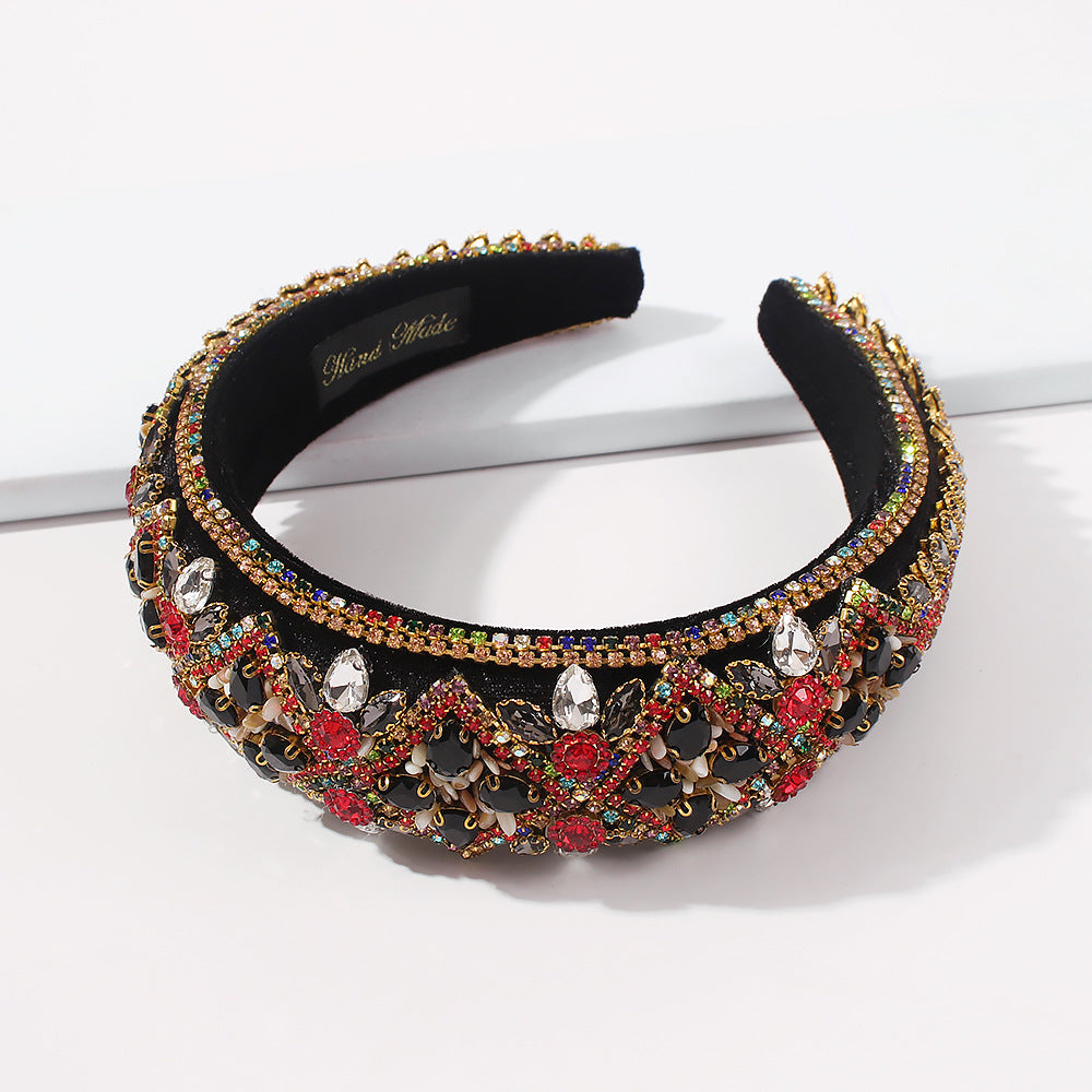 Geometric Style Thick Sponge Hair Hoop for Women - Handmade Alloy Hair Accessory with Rhinestones and Glass Beads, Fashion European Trendy Hair Clip for Party