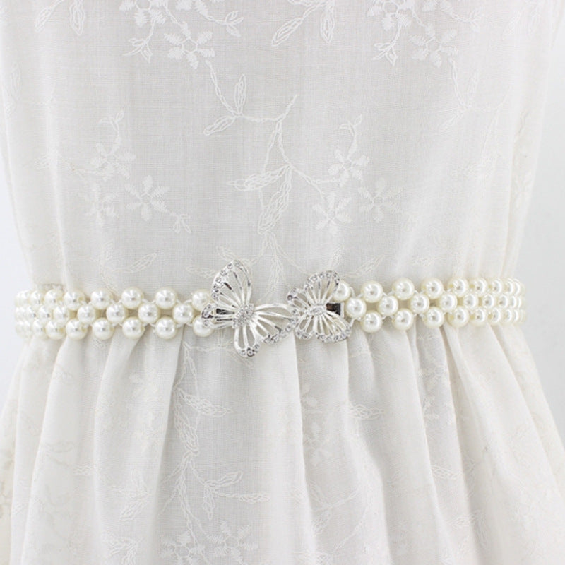 Sweet Casual Pearl Waist Chain for Women with Rhinestone Inlay and Elastic Metal Band