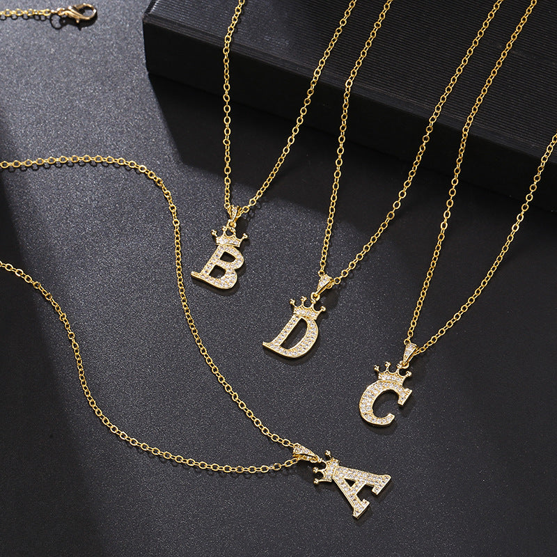 Minimalist Crown Letter Cubic Zirconia Micro-inlay Brass Necklace with Cable Chain