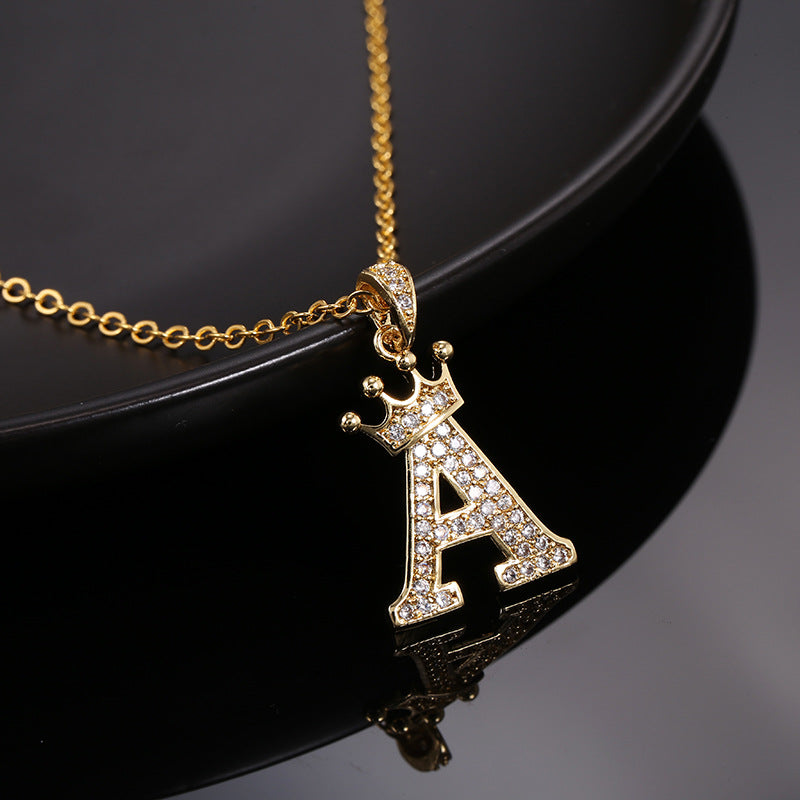 Minimalist Crown Letter Cubic Zirconia Micro-inlay Brass Necklace with Cable Chain