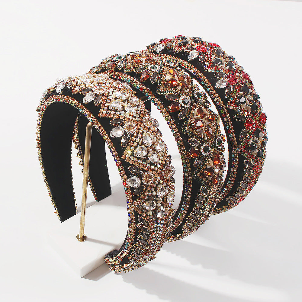 Geometric Style Thick Sponge Hair Hoop for Women - Handmade Alloy Hair Accessory with Rhinestones and Glass Beads, Fashion European Trendy Hair Clip for Party
