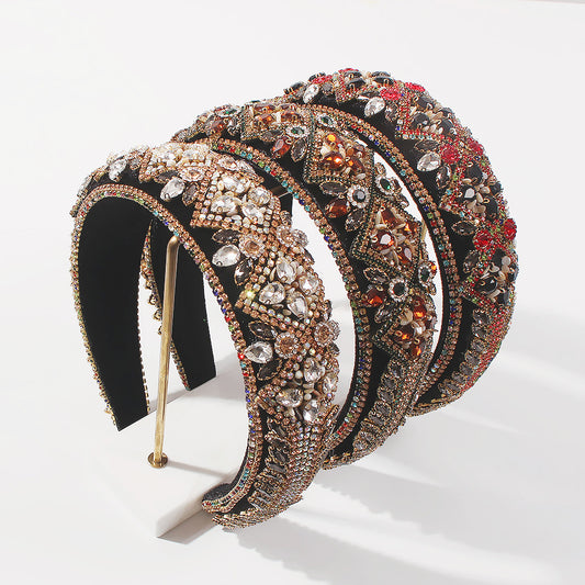 Geometric Style Thick Sponge Hair Hoop for Women - Handmade Alloy Hair Accessory with Rhinestones and Glass Beads, Fashion European Trendy Hair Clip for Party