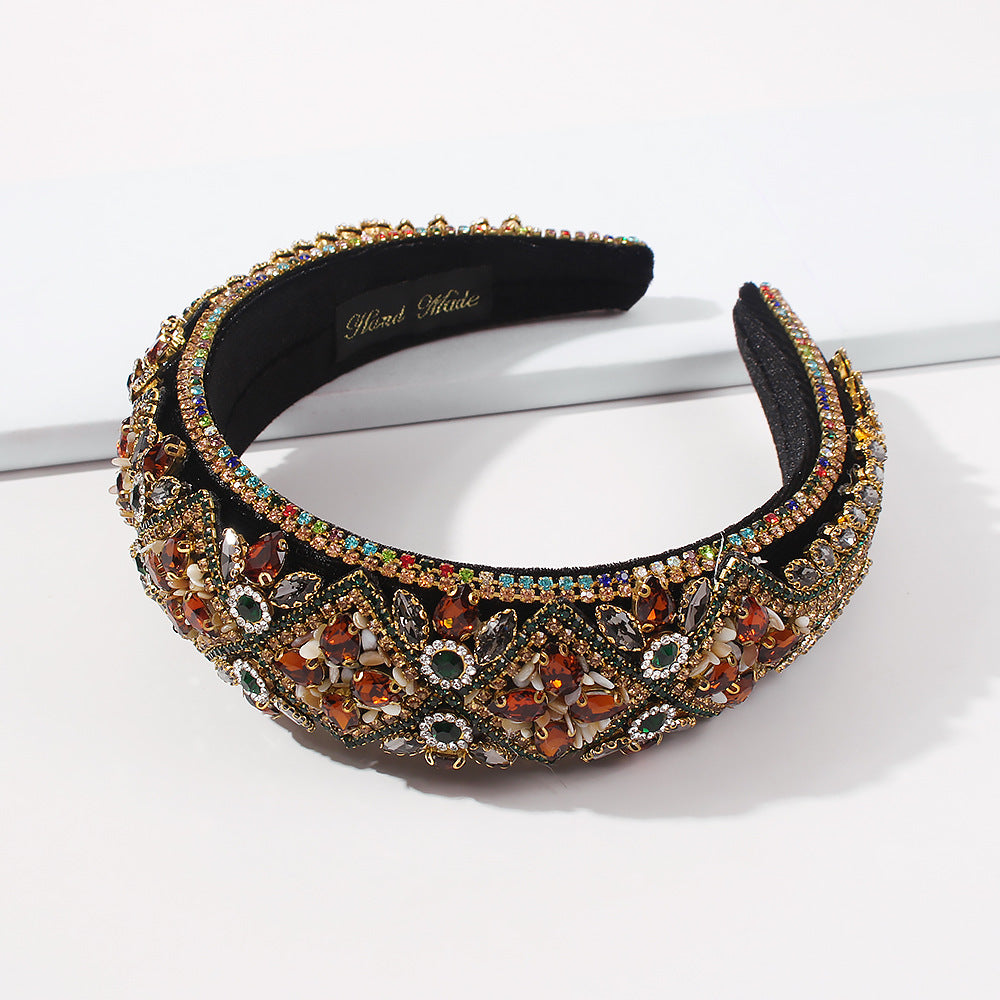 Geometric Style Thick Sponge Hair Hoop for Women - Handmade Alloy Hair Accessory with Rhinestones and Glass Beads, Fashion European Trendy Hair Clip for Party