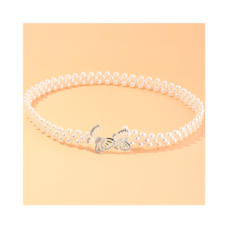 Sweet Casual Pearl Waist Chain for Women with Rhinestone Inlay and Elastic Metal Band