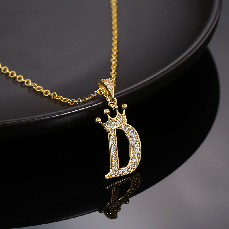 Minimalist Crown Letter Cubic Zirconia Micro-inlay Brass Necklace with Cable Chain