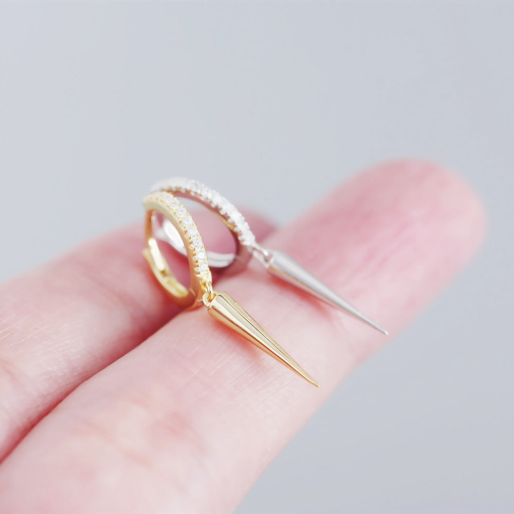 Sweet Cool Style S925 Sterling Silver Rhinestone Inlay Long Rivet Minimalist Hoop Earrings for Women