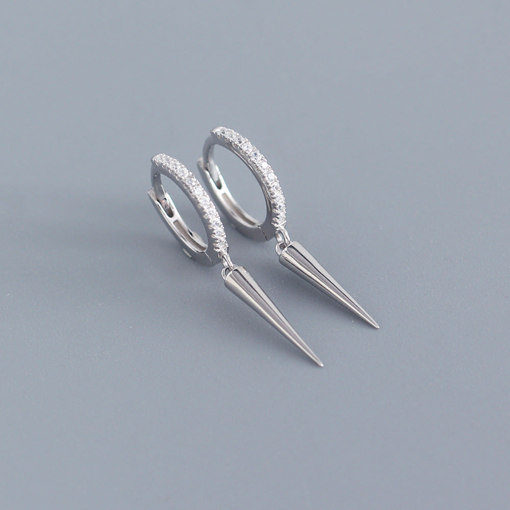 Sweet Cool Style S925 Sterling Silver Rhinestone Inlay Long Rivet Minimalist Hoop Earrings for Women