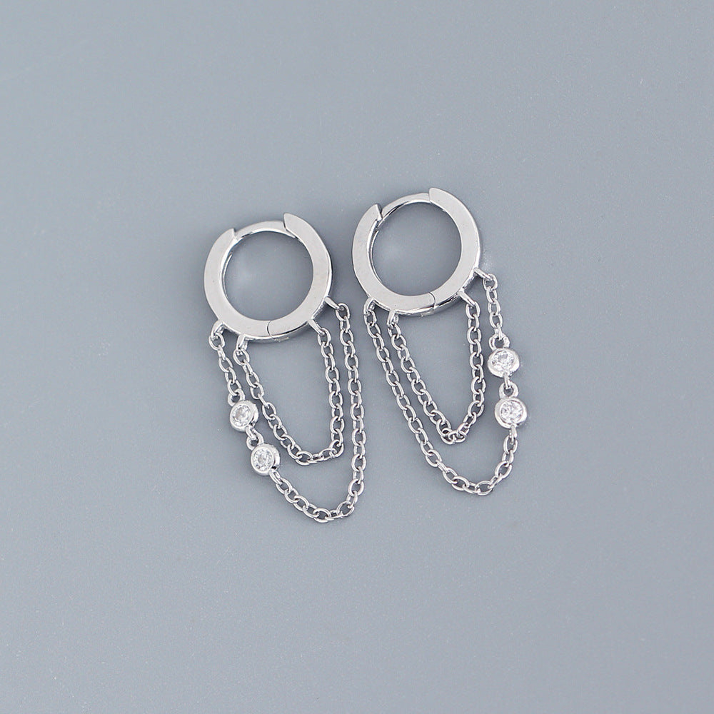 Geometric 925 Sterling Silver Rhinestone Inlay Tassel Earrings