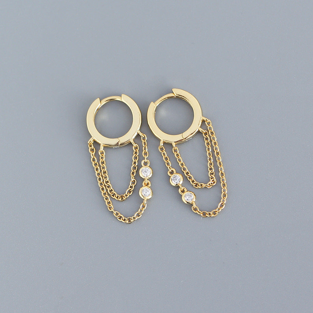 Geometric 925 Sterling Silver Rhinestone Inlay Tassel Earrings