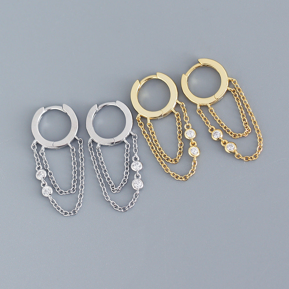Geometric 925 Sterling Silver Rhinestone Inlay Tassel Earrings