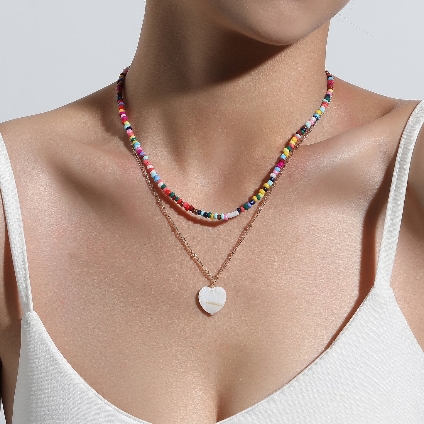 Women's Heart-Shaped Multi-Layered Beaded Necklace with Mother of Pearl Inlay, Cross Chain Style, Bohemian Fashion Jewelry