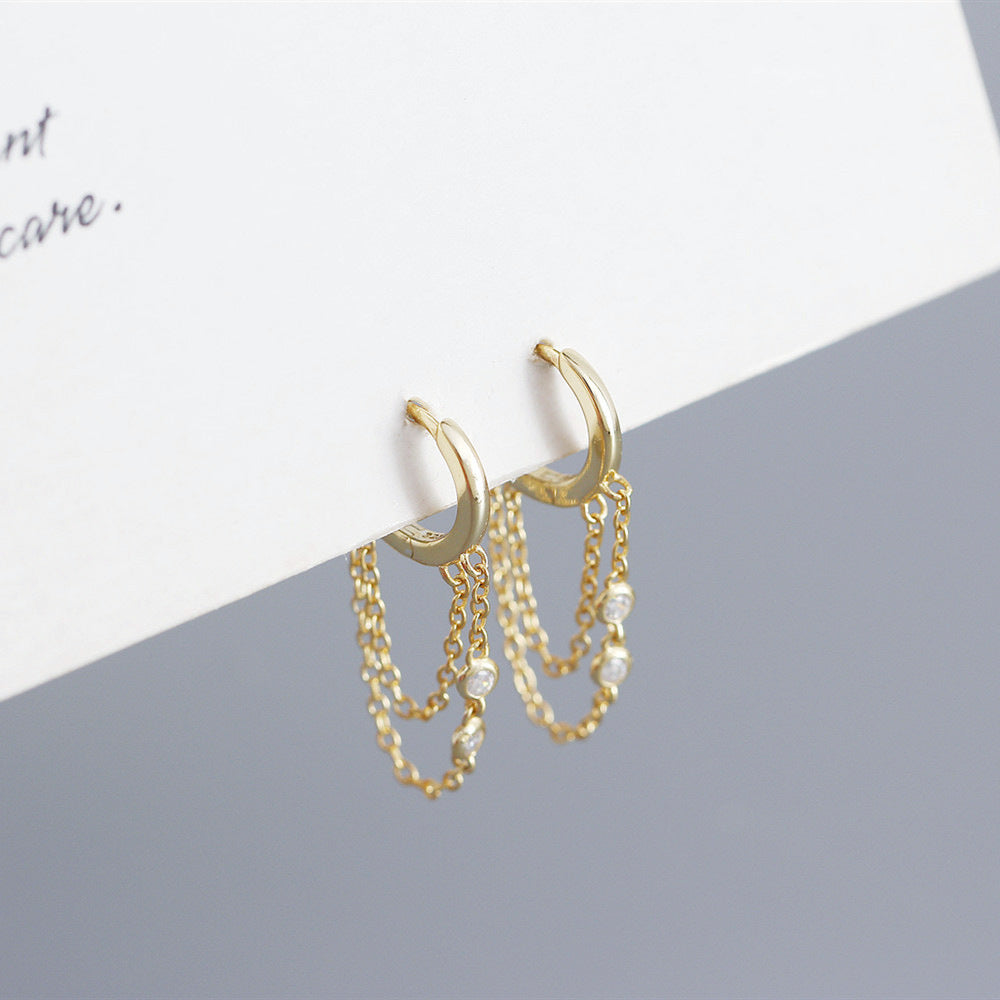 Geometric 925 Sterling Silver Rhinestone Inlay Tassel Earrings