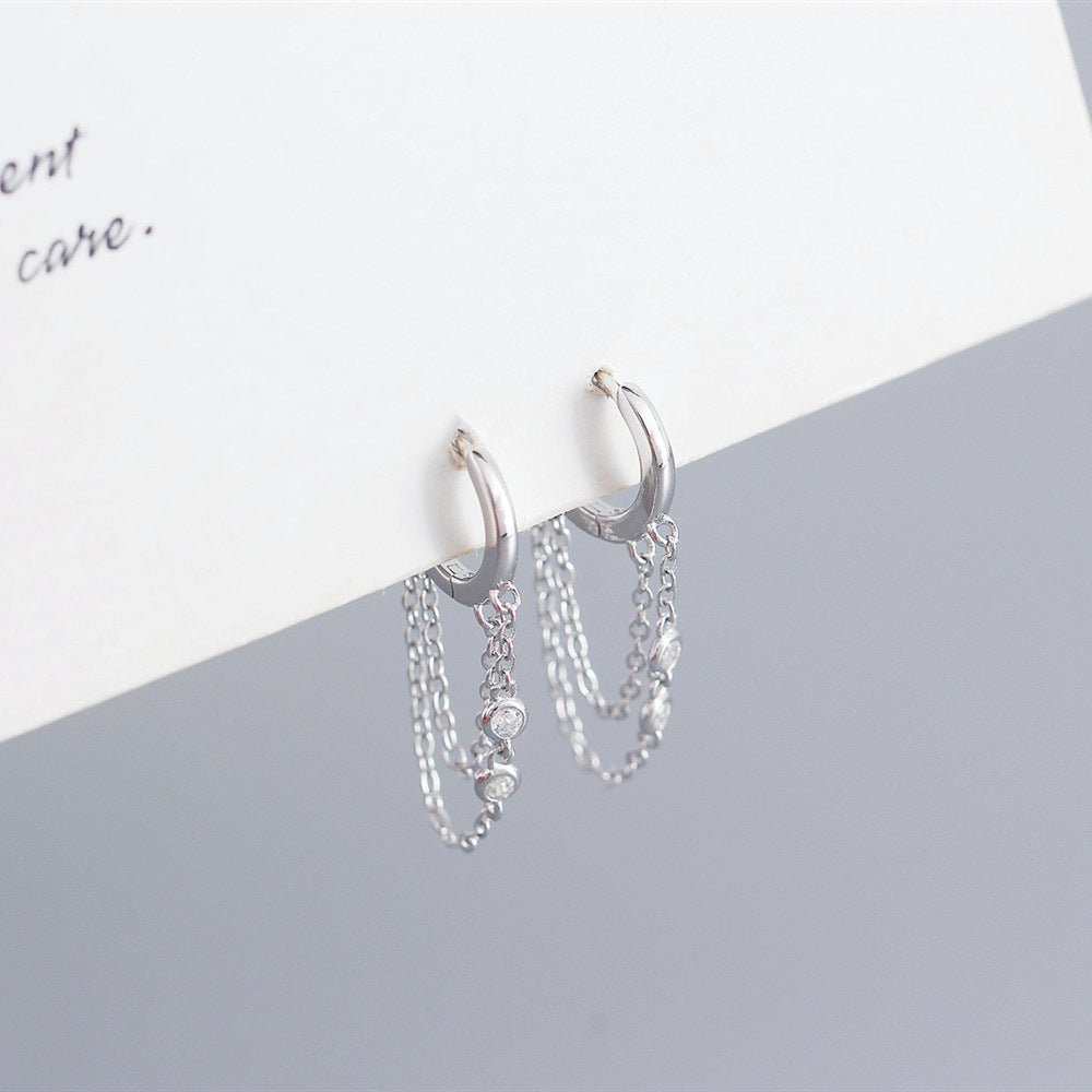 Geometric 925 Sterling Silver Rhinestone Inlay Tassel Earrings