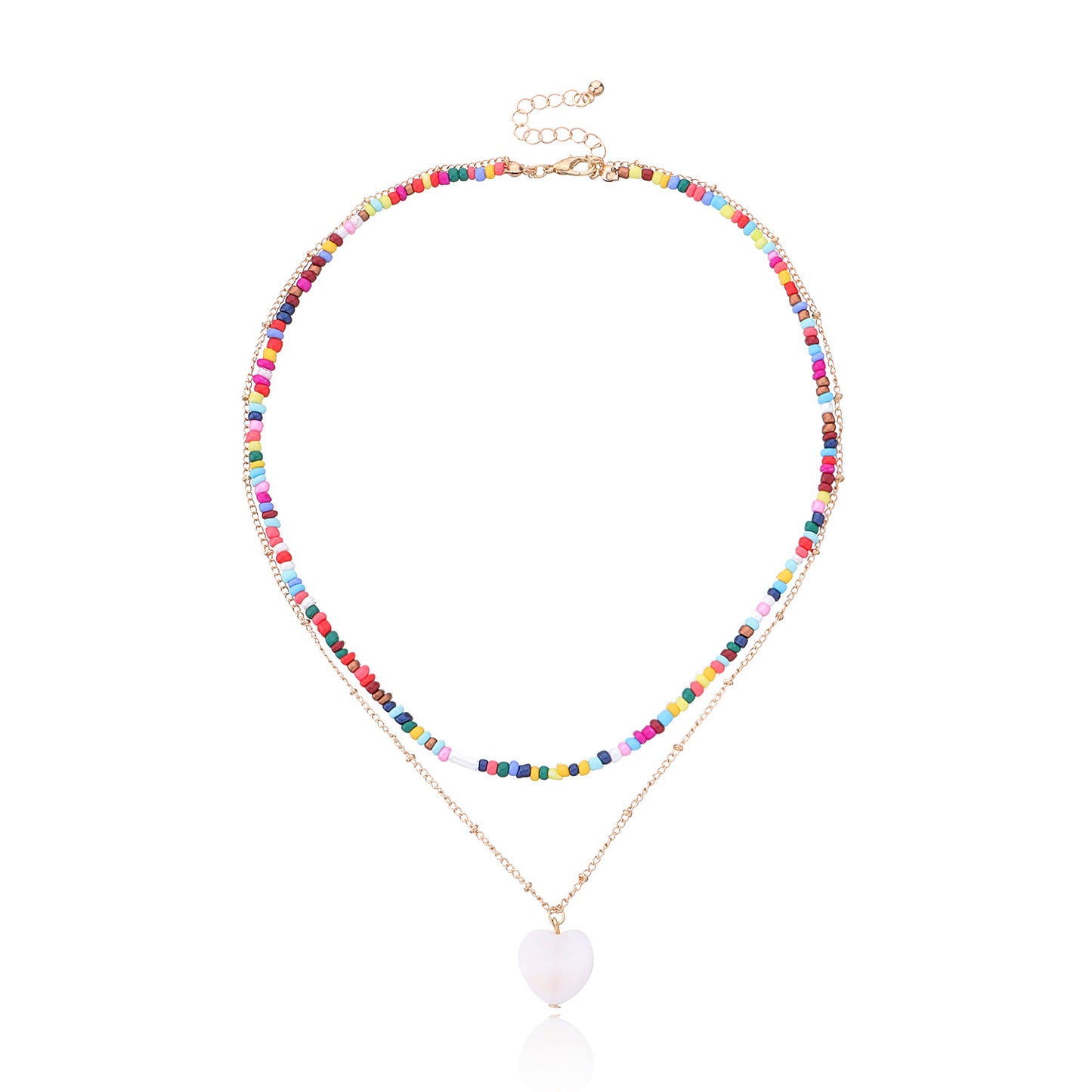 Women's Heart-Shaped Multi-Layered Beaded Necklace with Mother of Pearl Inlay, Cross Chain Style, Bohemian Fashion Jewelry