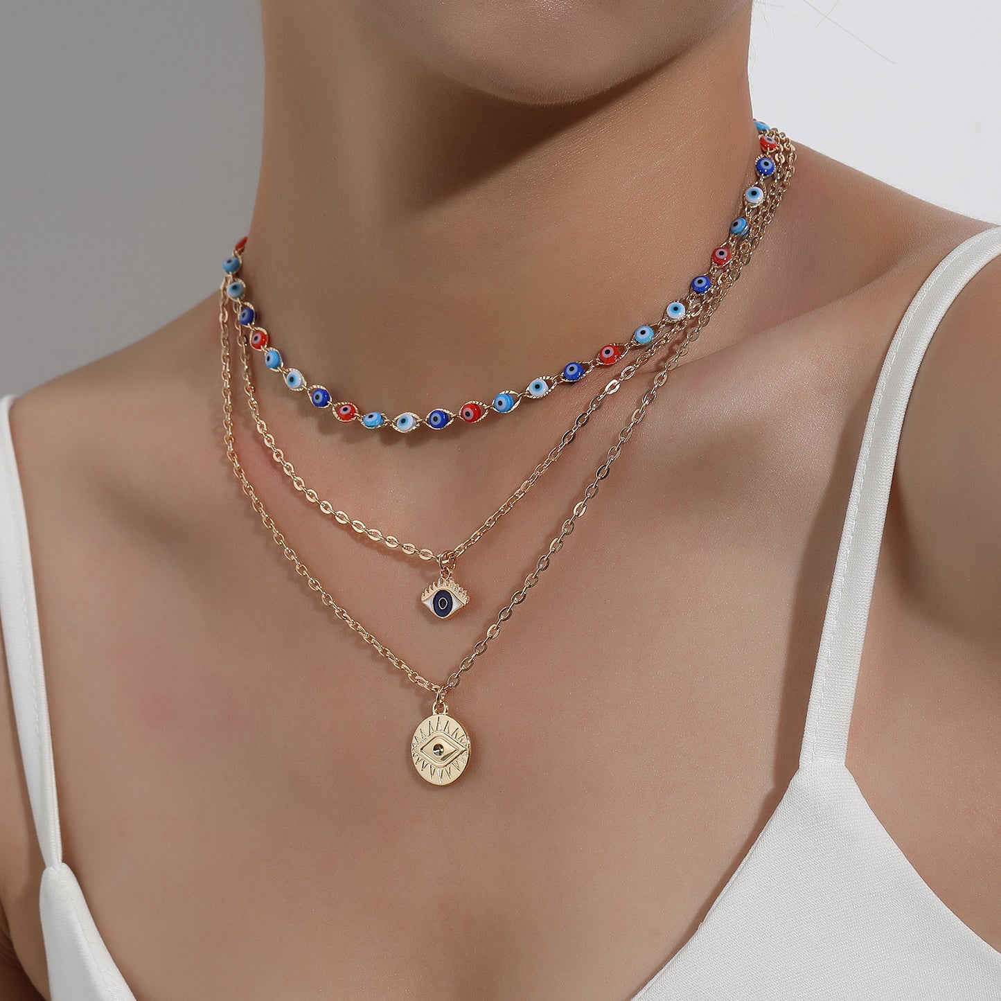 Women's European Style Alloy Eye Pendant Necklace, Multi-Layered Cross Chain Fashion Statement Jewelry, Trendy Eye Design