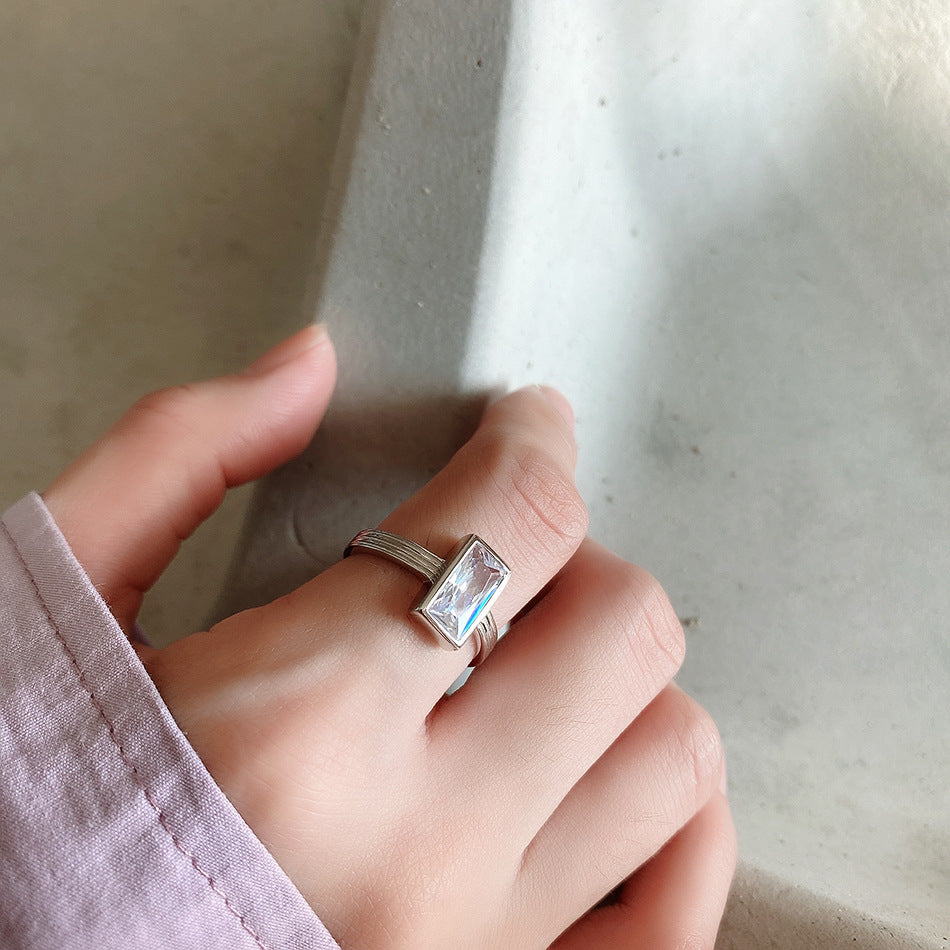 925 Sterling Silver Ring with Rhinestone Inlay, Geometric Design, Women's Fashion Jewelry, Luxury Style, Minimalist Aesthetic