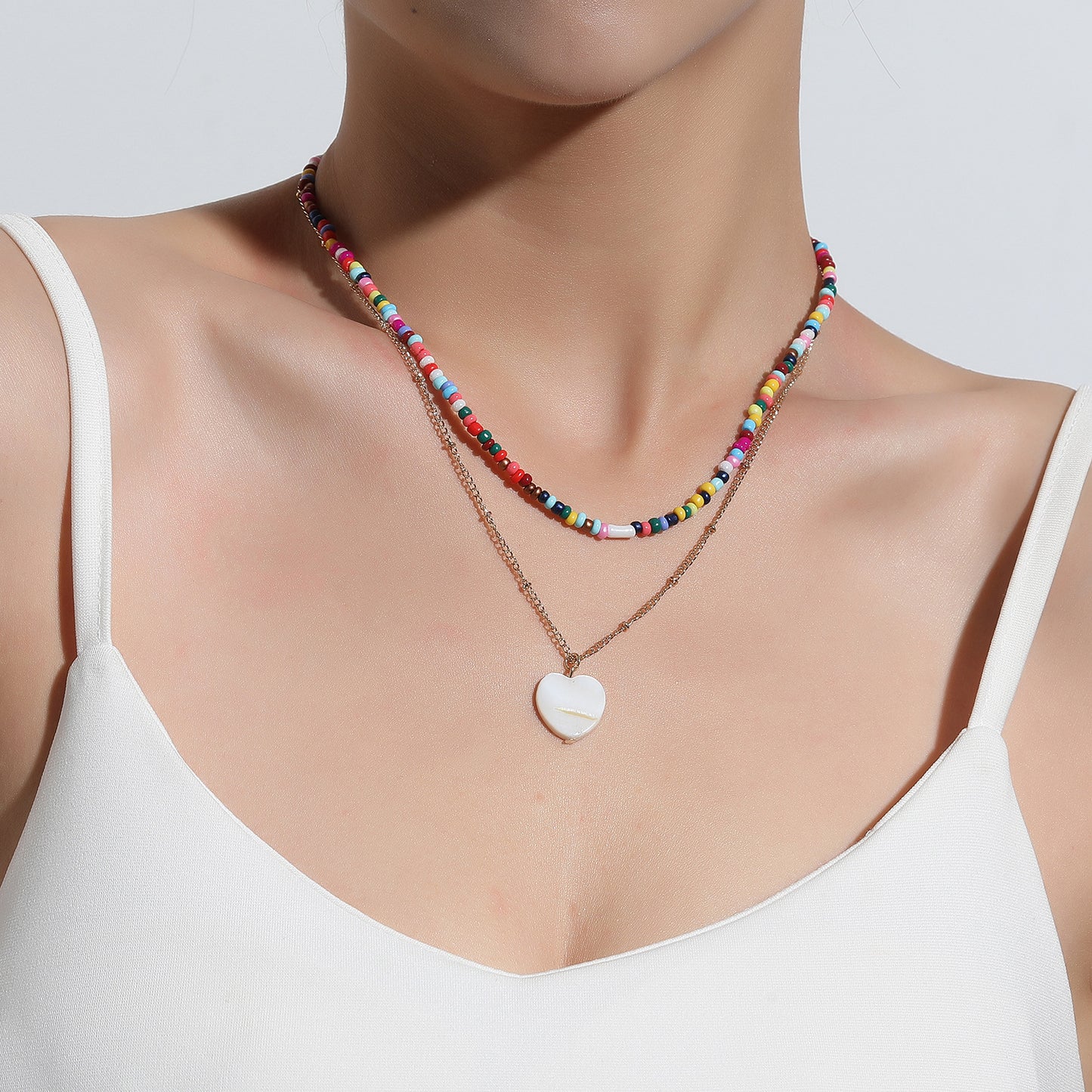 Women's Heart-Shaped Multi-Layered Beaded Necklace with Mother of Pearl Inlay, Cross Chain Style, Bohemian Fashion Jewelry