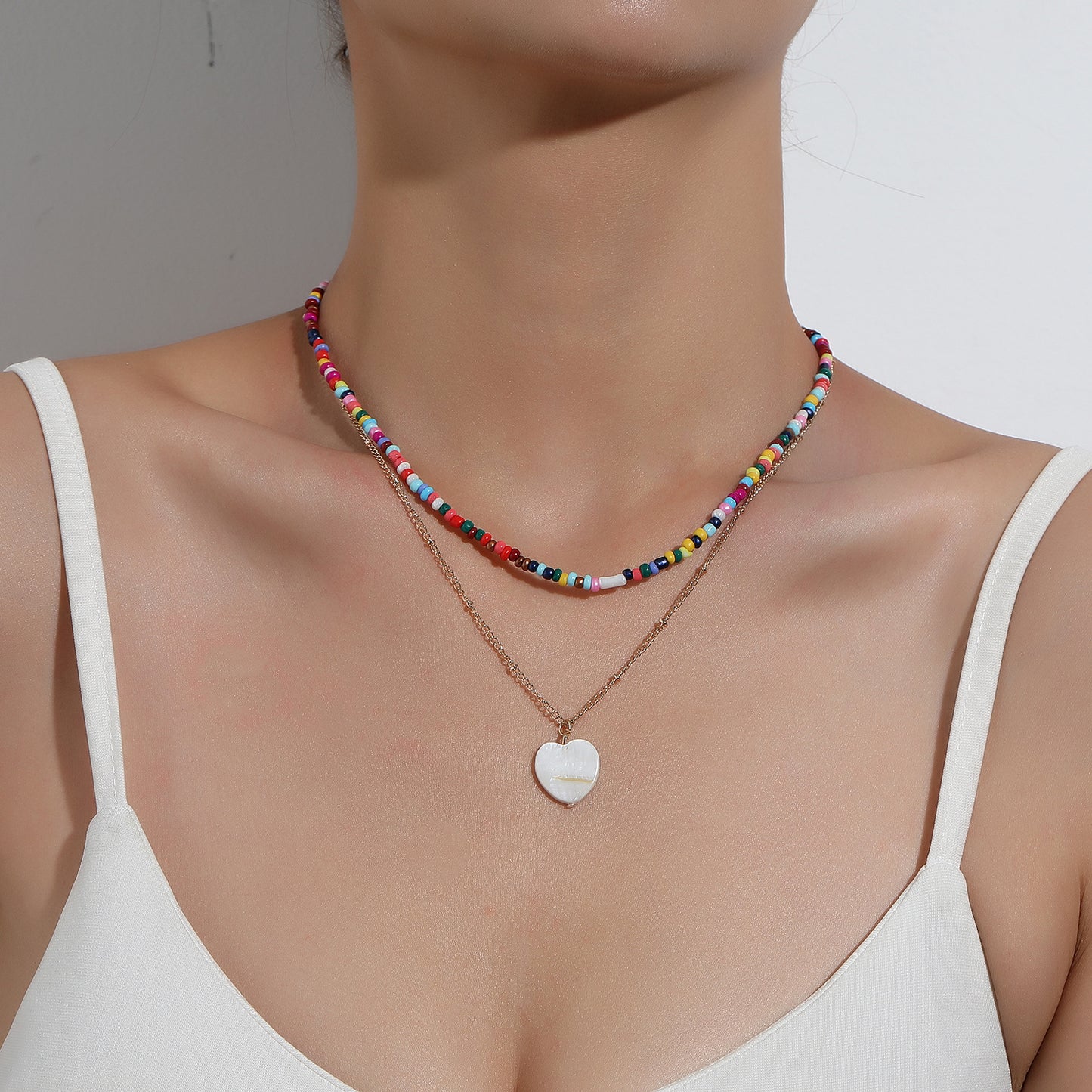 Women's Heart-Shaped Multi-Layered Beaded Necklace with Mother of Pearl Inlay, Cross Chain Style, Bohemian Fashion Jewelry