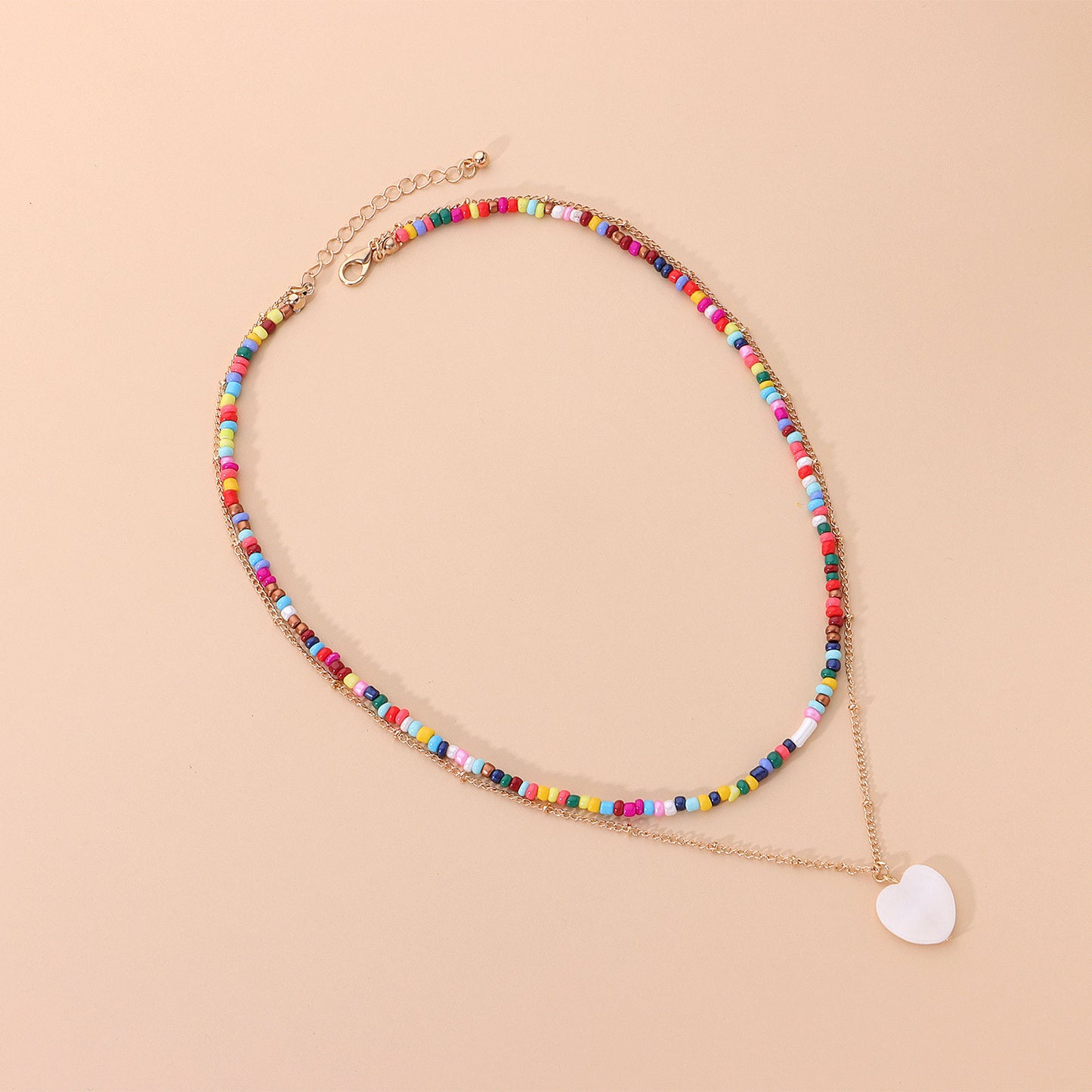 Women's Heart-Shaped Multi-Layered Beaded Necklace with Mother of Pearl Inlay, Cross Chain Style, Bohemian Fashion Jewelry