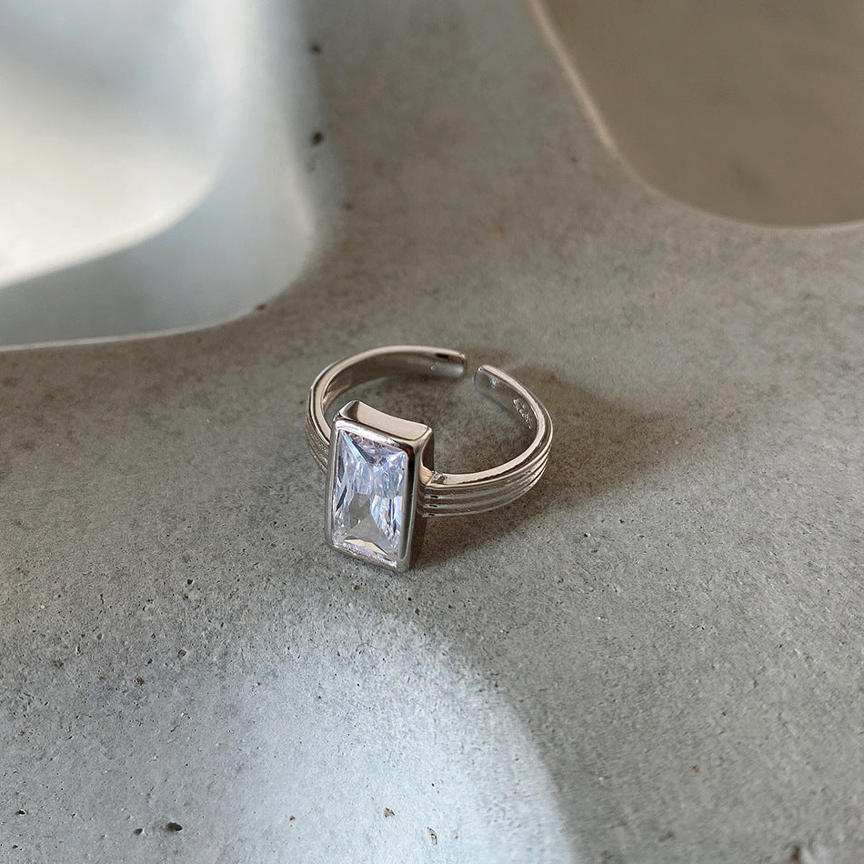 925 Sterling Silver Ring with Rhinestone Inlay, Geometric Design, Women's Fashion Jewelry, Luxury Style, Minimalist Aesthetic