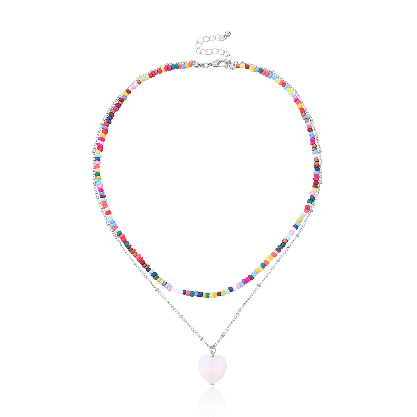 Women's Heart-Shaped Multi-Layered Beaded Necklace with Mother of Pearl Inlay, Cross Chain Style, Bohemian Fashion Jewelry