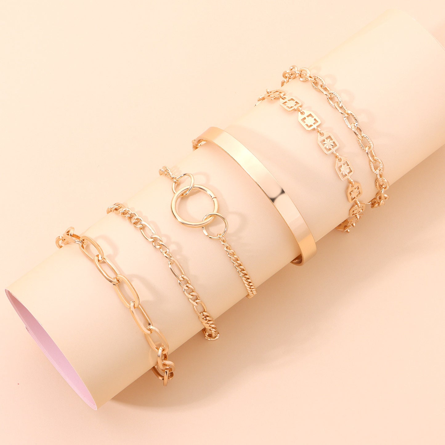 Fashion Trendy Geometric Alloy Multi-Layer Bracelet Set for Women - Ins Style 6-Piece Jewelry Gift