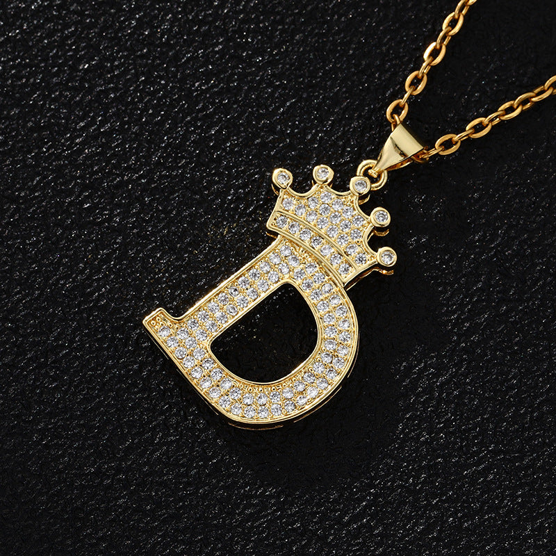 Collana con ciondolo a corona con lettera alla moda da 26 pezzi Collana in acciaio inossidabile con ciondolo a lettera con strass Gioielli da donna Regalo