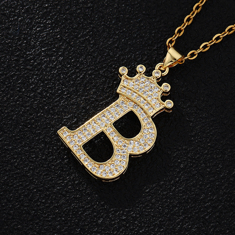 Collana con ciondolo a corona con lettera alla moda da 26 pezzi Collana in acciaio inossidabile con ciondolo a lettera con strass Gioielli da donna Regalo