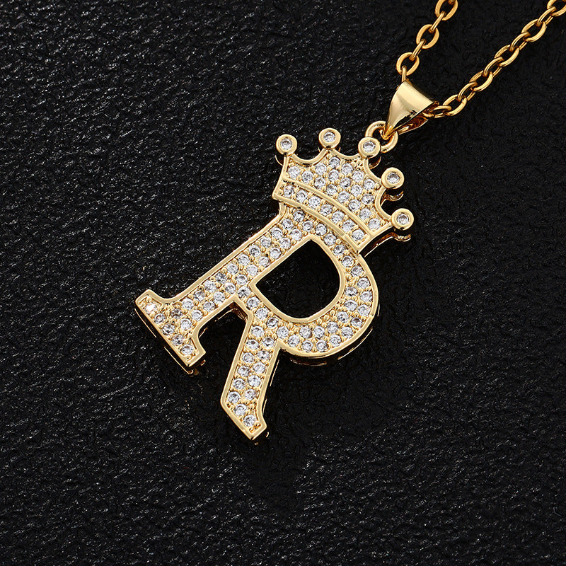 Collana con ciondolo a corona con lettera alla moda da 26 pezzi Collana in acciaio inossidabile con ciondolo a lettera con strass Gioielli da donna Regalo